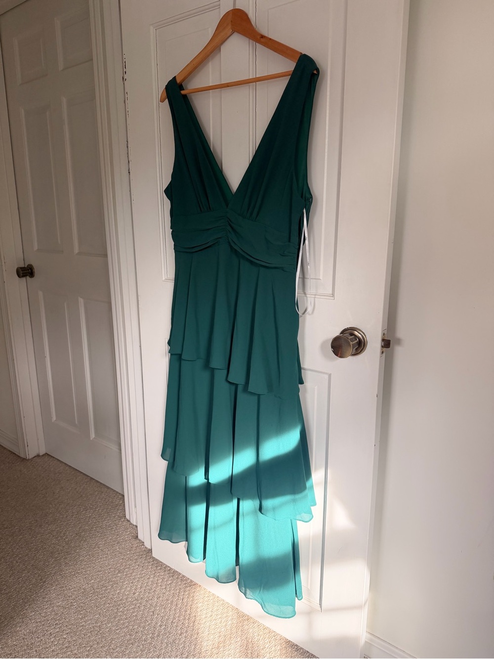 Lulu's Teal One-Shoulder Layered V-Neck Dress